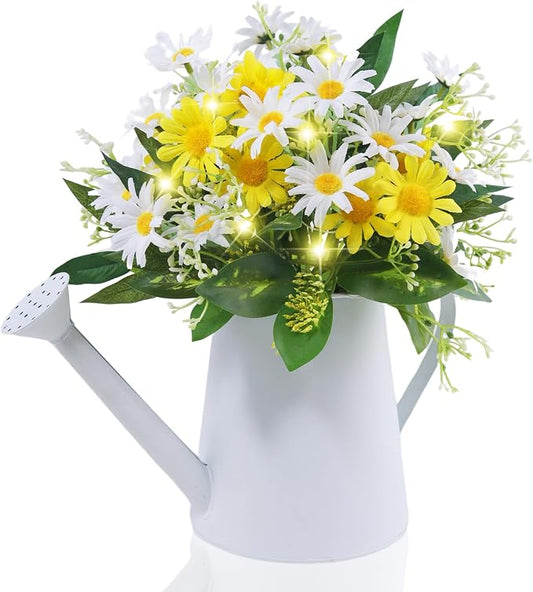 Eksen Artificial Daisy Flowers in Metal Pot with LED Lights & Timer – Silk Flower Arrangement, Faux Floral Table Centerpiece Decoration for Dining Room, Farmhouse, Home, Kitchen, Office,Spring Décor