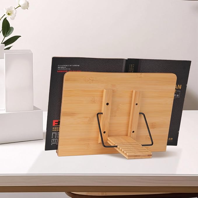 MEGREZ Bamboo Book Stand 13.2 x 9.4 inch, Foldable Cookbook Holder with 6 Adjustable Height, Reading Book Holder for Recipe, Music Book, Textbook, Tablet Stand, Butterflies