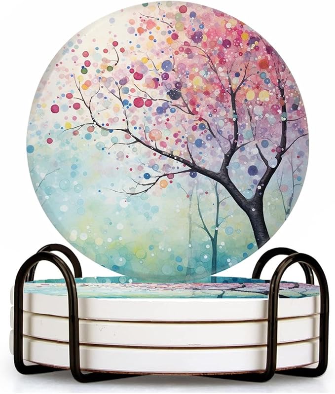 Llama Painting Tree Beautiful Set of 4 Ceramic Coasters with Holder,Absorbent Drink Bar Coasters,Table Coasters