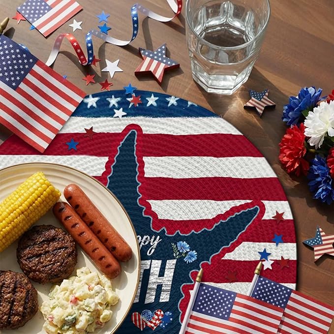 4th of July Round Placemats Set of 2 Happy 4th of July Place Mats Independence Day Woven Placemat Red White Blue Starfish Star Stripes Circle Braided Table Mat for Kitchen Dining Table Party 15 Inch