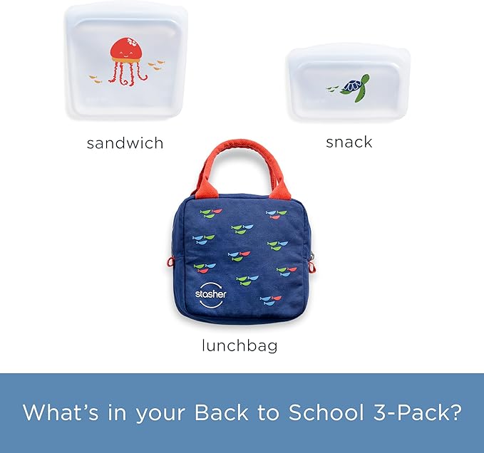 Stasher Silicone Reusable Storage Bags & Insulated Lunch Bag, 3-Pack, Reusable Freezer Bags, Microwave, Dishwasher, Oven Safe, Sous Vide, Lunch Containers, Eco Friendly, Food Storage Bags, Clear | Insulated Lunch Bag