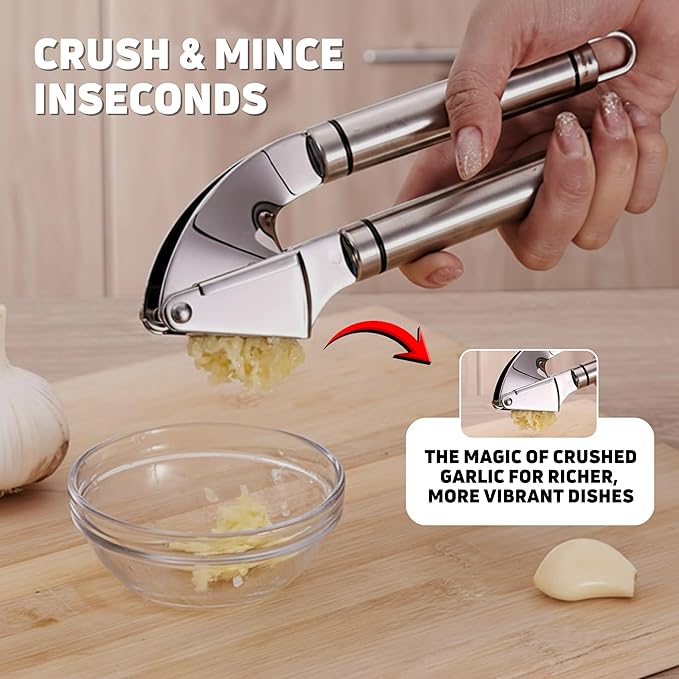 KUYRA Garlic Press Stainless Steel Set Premium Professional Garlic Mincer, Silicone Peeler & Brush, Clove Crusher, Handheld Mincer & Squeezer, Easy Clean Rustproof, Dishwasher Safe Kitchen Peelers