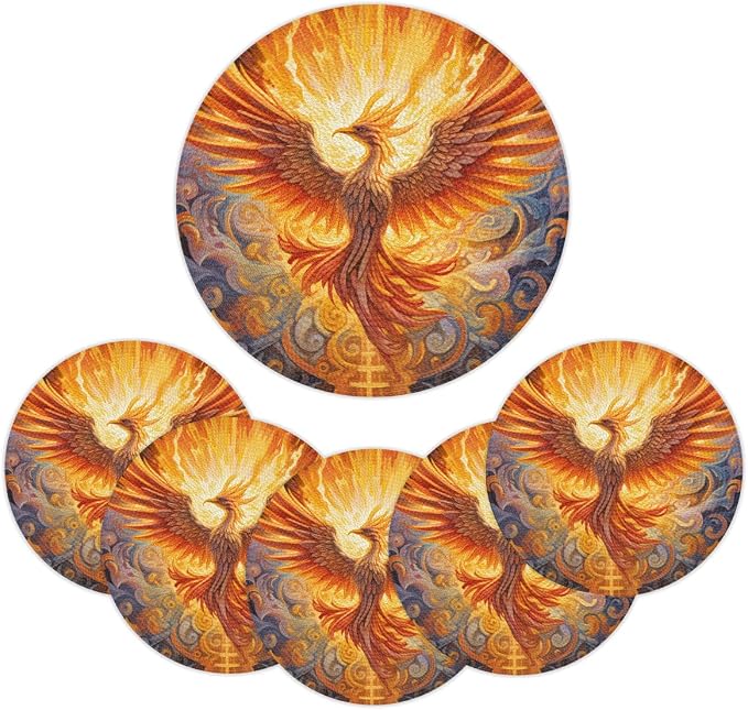 Round Placemats Set of 6, Phoenix Fire Flame Ethnic Pattern Woven Placemats Mats Non-Slip Heat Resistant Washable Table Mats Round Braided Place for Farmhouse Kitchen Dining Party Decor 15in