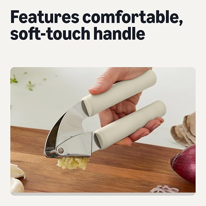 Amazon Basics Garlic Press, Stainless Steel, Soft Grip Handle, Dishwasher-Safe, Linen Gray