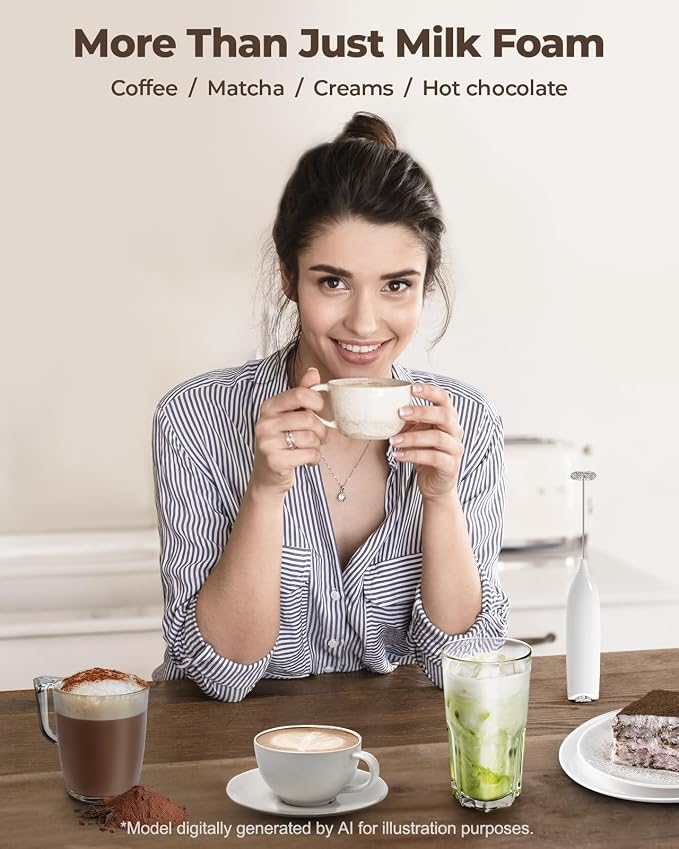 SIMPLETASTE Milk Frother Handheld Electric Foam Maker, Drink Mixer with Stainless Steel Whisk for Cappuccino, Bulletproof Coffee, Latte, Blizzard White, without Stand, Battery Operated