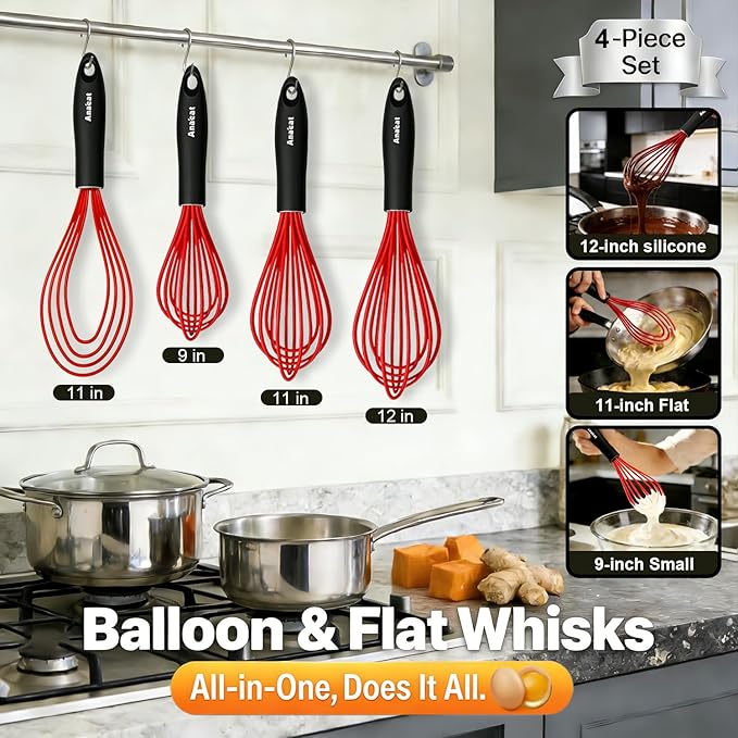 Anaeat Silicone Kitchen Whisk Set of 4, Perfect for Non-Stick Cookware, Milk and Egg Beater Blender for Whisking, Cooking, Baking, Beating - 11'' Flat Whisk and 9''+11''+12'' Balloon Whisks (Red)