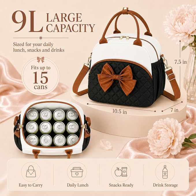 LEDAOU Lunch Box for Women, Insulated Lunch Bag Women with Adjustable Shoulder Strap, Cute Lunch Tote Bag for Work, Womens Lunch Bag with Bowknot, Front Zipper Pocket & Side Pockets