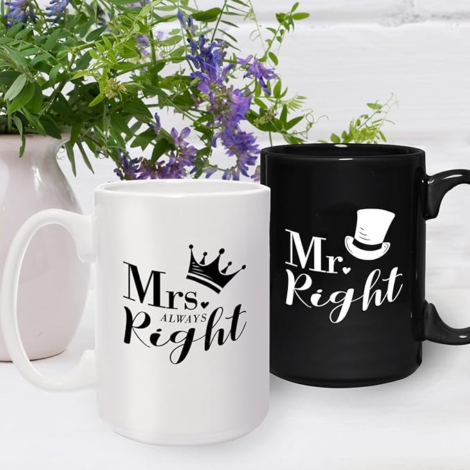 Mr. Right And Mrs. Always Right Mugs / 2 Jumbo 15 Ounce Black And White Matching Ceramic Mugs / Funny Couples Wedding Coffee Cup Present Set / One Black Mug One White Mug Relationship Cup Pair