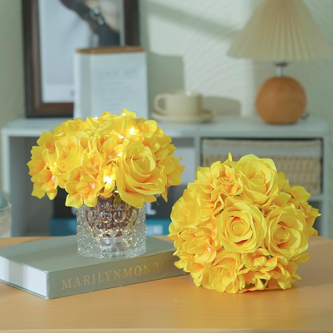 Rose Silk Flower Arrangement Artificial Vivid Rose in Glass Vase with LED Light Elegant Centerpiece for Home Wedding Bathroom Table Shelf Decoration (Yellow)