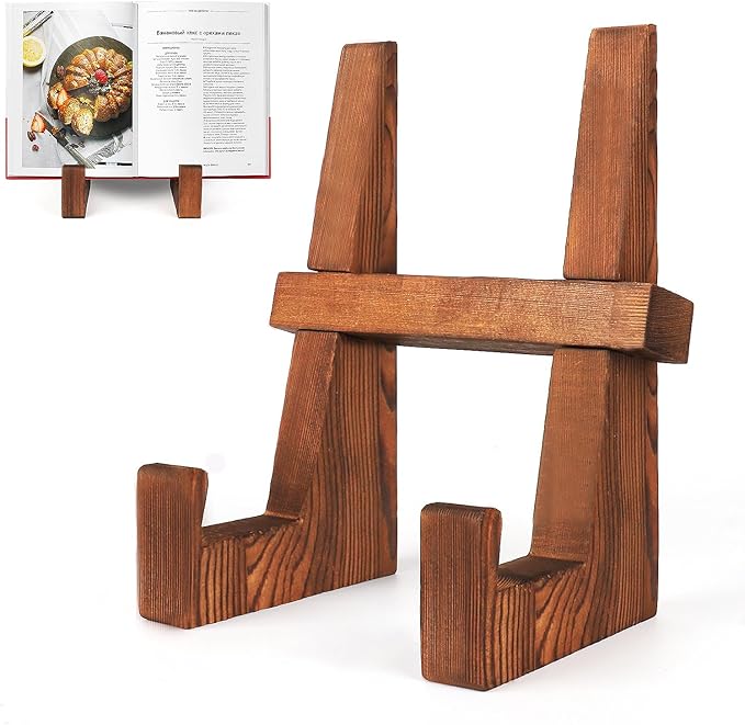DEBETOOL Cookbook Stand for Kitchen - 8.8 inch Wooden Cookbook Holder for Kitchen Counter Decor, Multifunctional Recipe Book Stand, Rustic Brown Recipe Book Holder Stand
