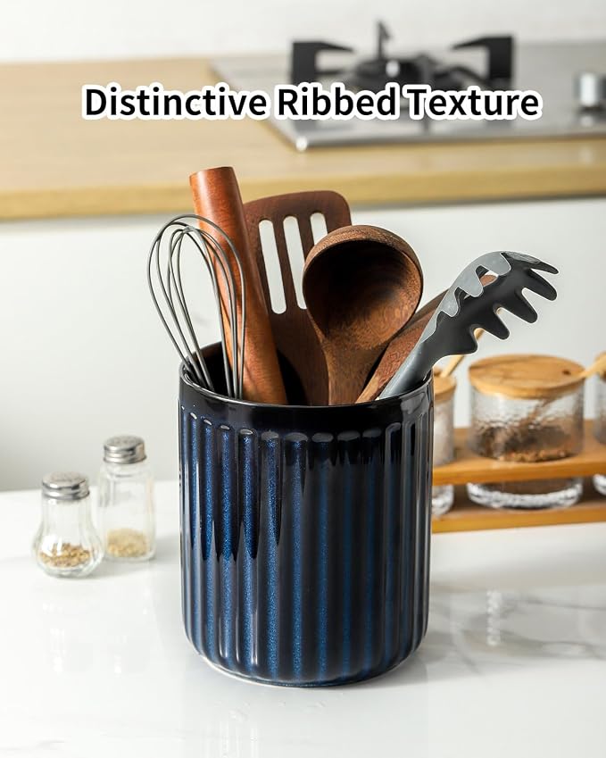 HASENSE Ceramic Utensil Holder, 7.3" x 6.2" Ribbed Utensil Crock for Farmhouse Decor, Porcelain Cooking Utensil Holder for Kitchen Countertop, Utensil Organizer for Housewarming Gift, Navy Blue