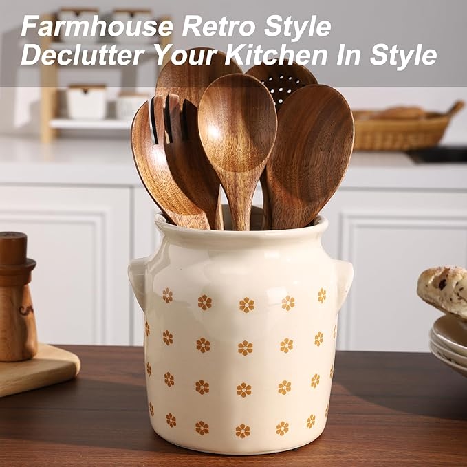 Ceramic Farmhouse Kitchen Utensil Holder for Countertop, Rustic Cooking Utensil Holder Crock Fit for Kitchen Counter. Daisy Pattern 5.3 x 5.3 x 6.8 IN