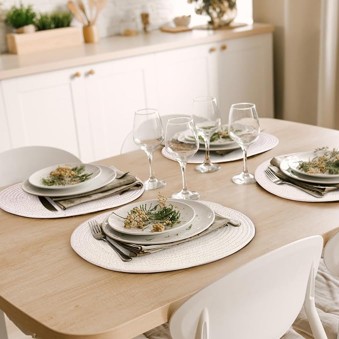 fanquare White Cotton Placemats for Farmhouse Table Decoration Braided Cotton Rope Place Mats for Kitchen Dining Round Woven Table Mats Set of 6