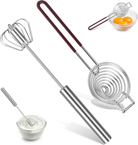 2 pcs Whisk Set with Yolk Separator,Stainless Steel Semi-Auto Egg Beater Whisk and Egg Separator,Hand Push Mixer Stirrer for Blending,Whisking,Beating & Stirring