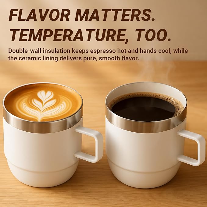 6 oz Small Espresso Mug with Handle, Ceramic-Lined 18/8 Stainless Steel, Double-Wall Vacuum Insulated, Stackable, Dishwasher Safe, for Cortado & Flat White, 2 Pack, Wine Red
