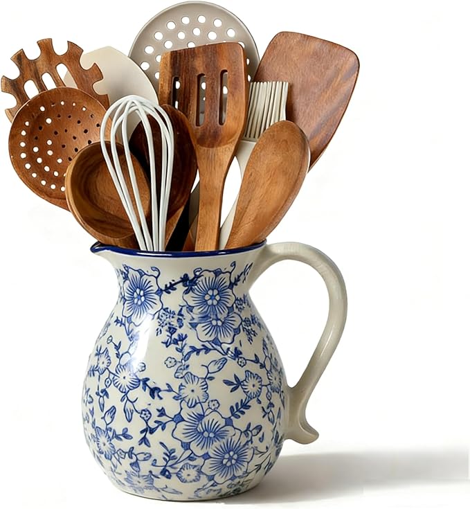 Ceramic Utensil Holder for Kitchen Counter, 6.1 Inch Modern Farmhouse Rustic Cooking Utensil Holder for Countertop Home Decor, Vintage Utensil Organizer Crock for Cooking & Spoon Tools (Blue & White)