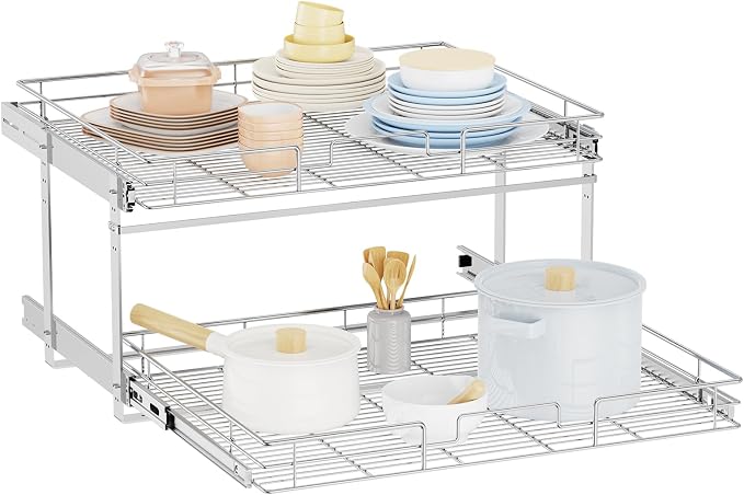LOVMOR Individual Pull Out Cabinet Organizer, 2 Tier Slide Out Cabinet Drawers, Pots and Pans Organizer and Storage Pantry Shelf for Kitchen (27" W x 21½" D)