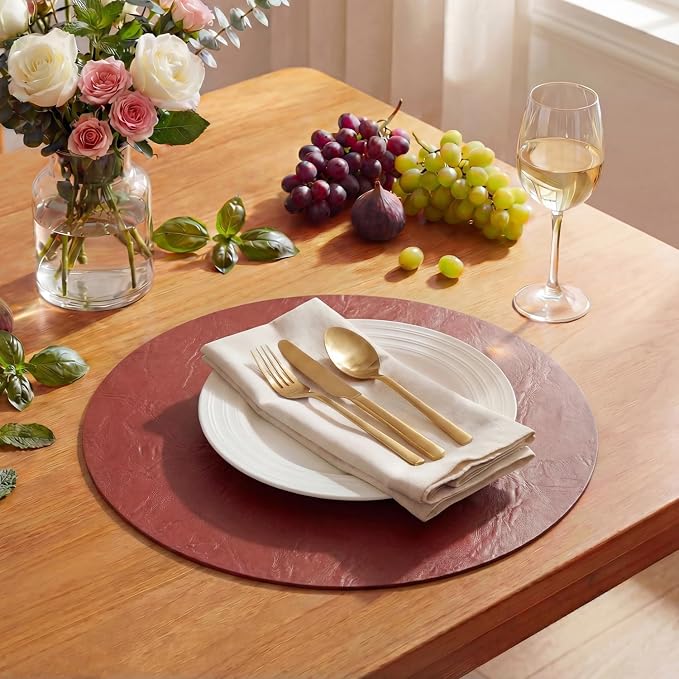 Artoid Mode Red Faux Leather Placemats Set of 6, 15 Inch Waterproof Wipeable Heat Resistant Vinyl Place Mats, Reversible Table Mats for Christmas Kitchen Dining Decor