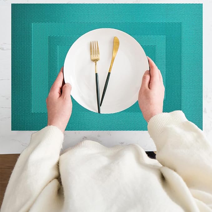 PIGCHCY Placemats Set of 8 Washable Durable Place Mats Vinyl Heat Resistant Non-Slip Table Mats Indoor Outdoor (18 x 12 inches, Turquoise Blue)