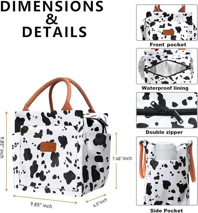 Joymee Reusable Insulated Lunch Bag, Leakproof Cooler Tote for Work - Cow | Large Capacity, Bottle Holder & Side Pockets, Leakproof Insulated Design, for Work, Travel, Picnic & Daily Use, for Adult