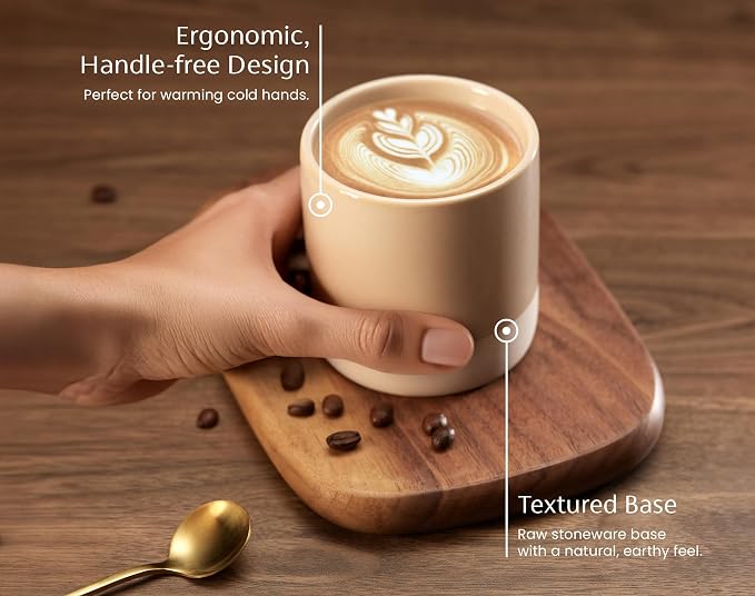 KooK Latte Cups, Ceramic Artisanal Stoneware, No Handle, Japanese Tea Cups, For Coffee, Tea, Cocoa, Microwave and Dishwasher Safe, Multicolor, 10.5 oz, Set of 4