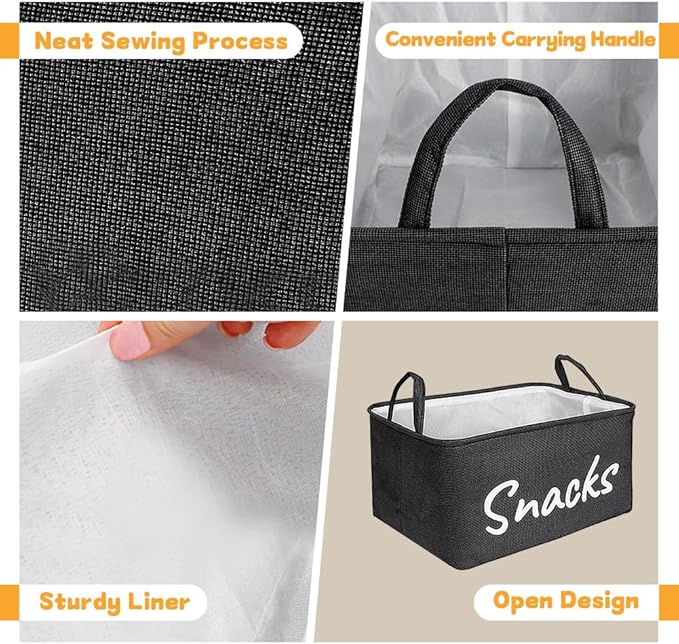 Snack Organizer Basket for Home Office: Snack Storage Bin for Pantry Shelf Countertop (Black)