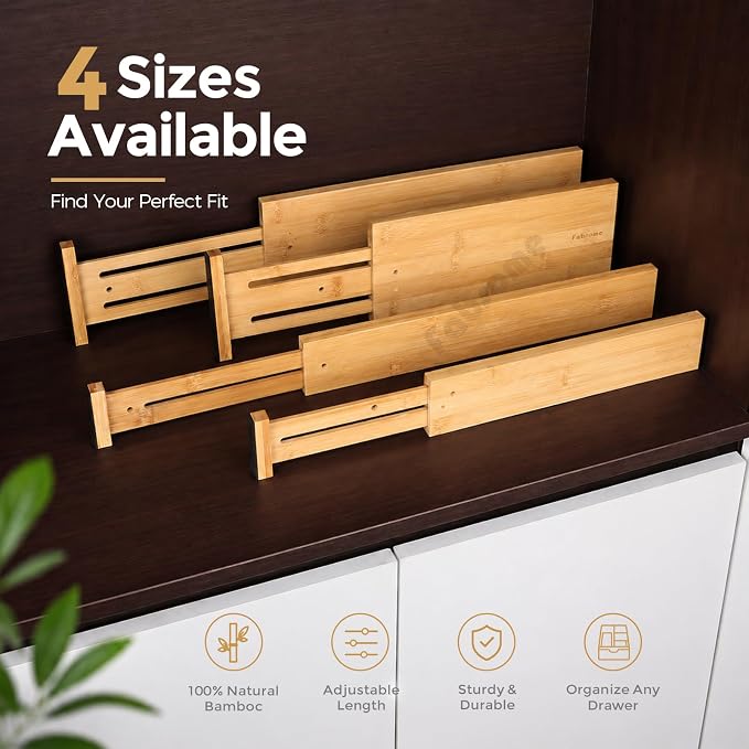 Fabsome Dresser Drawer Organizers 6 Pack, 4.65'' High Adjustable from 17-22‘’ Bamboo Drawer Dividers for Clothing Baby Clothes, Wooden Separators for Dresser Nursery Organization with Soft Foam Ends