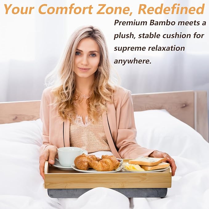 TOPZEA Bamboo Lap Tray with Detachable Cushion, 16.5"x 12.5" Bed Trays TV Lap Desk, Breakfast Meal Serving Tray with Handle for Adults Eating in Recliner, Couch, Car, Fits for 13-14 Inch Laptops