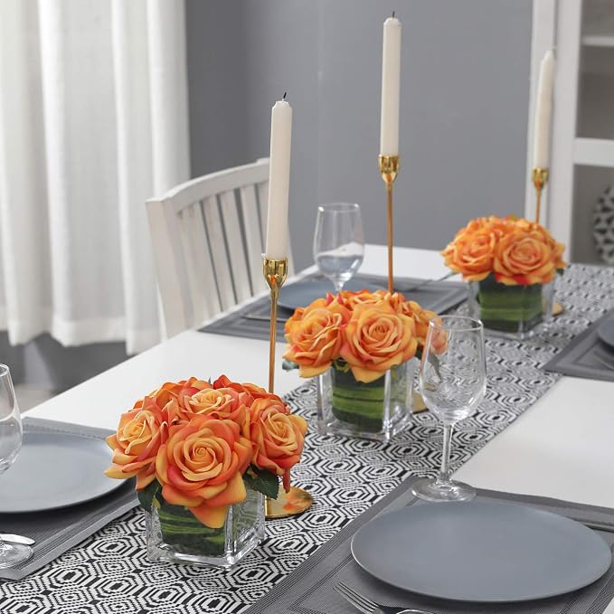 Fule Artificial Velvet Rose Flower Centerpiece Arrangement in vase for Home Wedding Decoration (Orange)