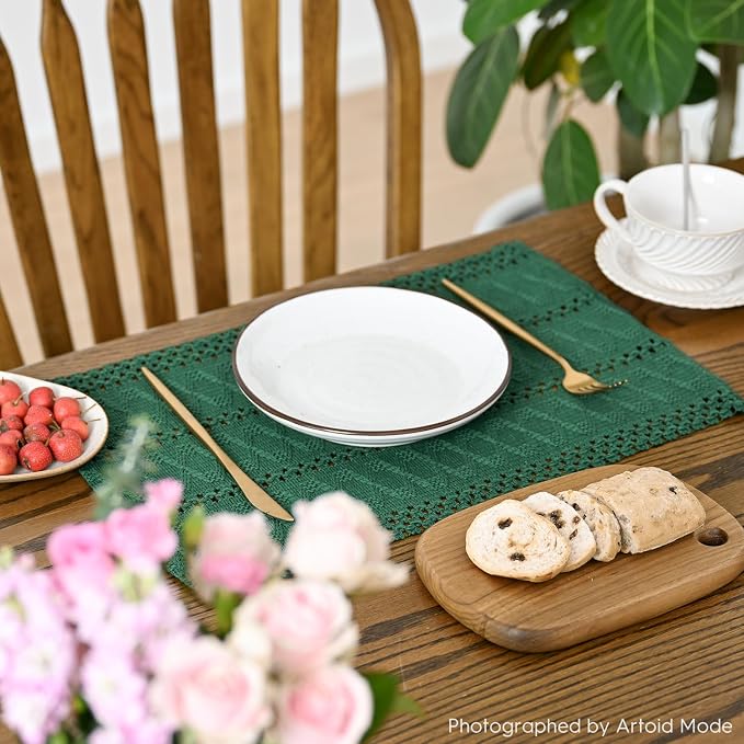 Artoid Mode Dark Green Farmhouse Woven Rustic Hollow Placemats Set of 6,12x18 Inch Seasonal Holiday Table Mats Party Kitchen Dining Decoration
