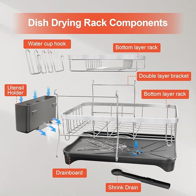 2-Tier Dish Drying Rack for Kitchen Counter, 304 Stainless Steel with Adjustable Drainboard, Removable Utensil Holder & Water Filter Tray, Black
