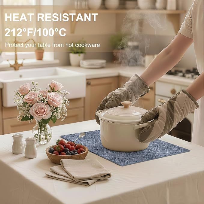 homing Faux Leather Heat Resistant Placemats 4 Packs, Waterproof Wipeable Dining PU Place Mats for Indoor & Outdoor, Easy to Clean, Denim Blue