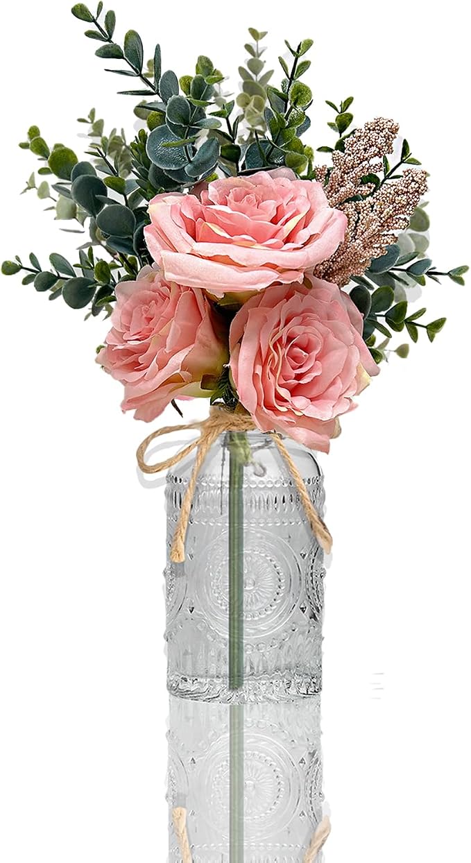 Silk Flowers with Vase, Artificial Flowers Arrangement with Glass Vase Artificial Flowers Bouquet for Decoration Table Centerpiece (Pink)