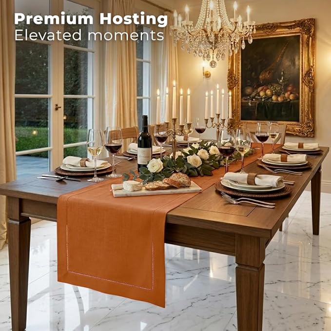 Signature Linen™ by D'Moksha Rust Table Runner 84 Inches Long, 100% Pure Linen, Hemstitch, 14 x 84 Inch Table Runner for Dresser, Dining- Summer, Father's Day