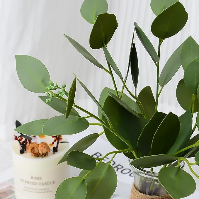 Artificial Eucalyptus Stems in Glass Vase with Faux Water for Table Centerpieces, Fake Eucalyptus Stems and Leaves Greenery in Vase for Home Office Decor