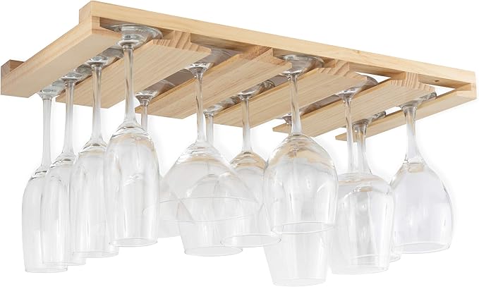 Rustic State Eze Stemware Glass Rack Under Cabinet Easy to Install Hanging Bar Glass Rack 21.6 Inch by 10 Inch Natural Wood