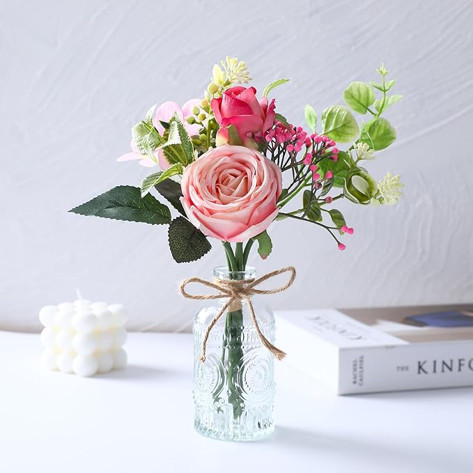AFRITEE Flowers Bouquet in Small Vase - Pink Rose Artificial Fake Centerpiece Potted Flowers with Transparent Vase Set for House Dining Room Farmhouse Coffee Wedding Table