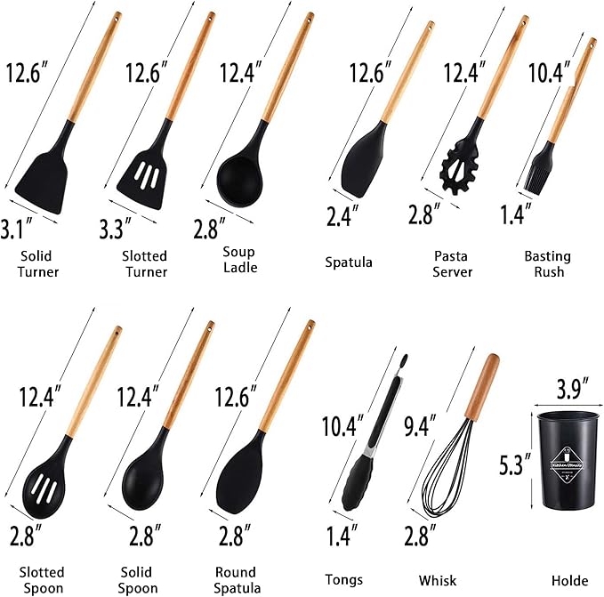 Kitchen Utensils Set,Kitchen Cooking Utensils Set,Spoon,Spatula,446℉ Heat Resistant 12-pcs Non-stick Food Grade Silicone and Wooden Handles,Kitchen Tools Set(Black)