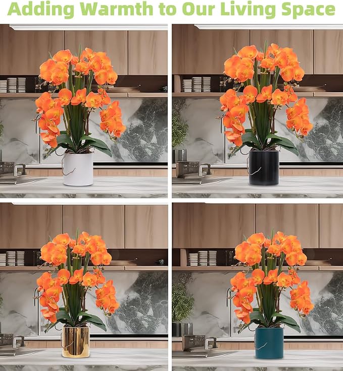 CXGS Artificial Orchid Flower Plants Real Touch Faux Orchids in Ceramic Vase 20.9'' Orange Phalaenopsis Orchid Fake Flower Arrangement Home Indoor Decor
