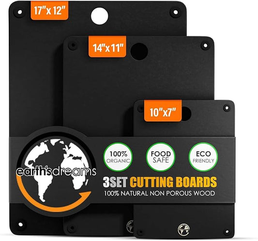 Earth's Dreams Composite Wood Cutting Board Set of 3 – Dishwasher Safe, Non-Toxic Cutting Boards for Kitchen – Extra Large, Large & Small Non-Slip Wood Charcuterie & Chopping Boards (Black)