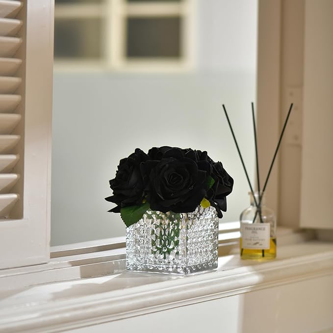 Fule Artificial Silk Rose Flower Centerpiece Arrangement in Glass Vase with LED Light for Home Wedding Decoration (Black)