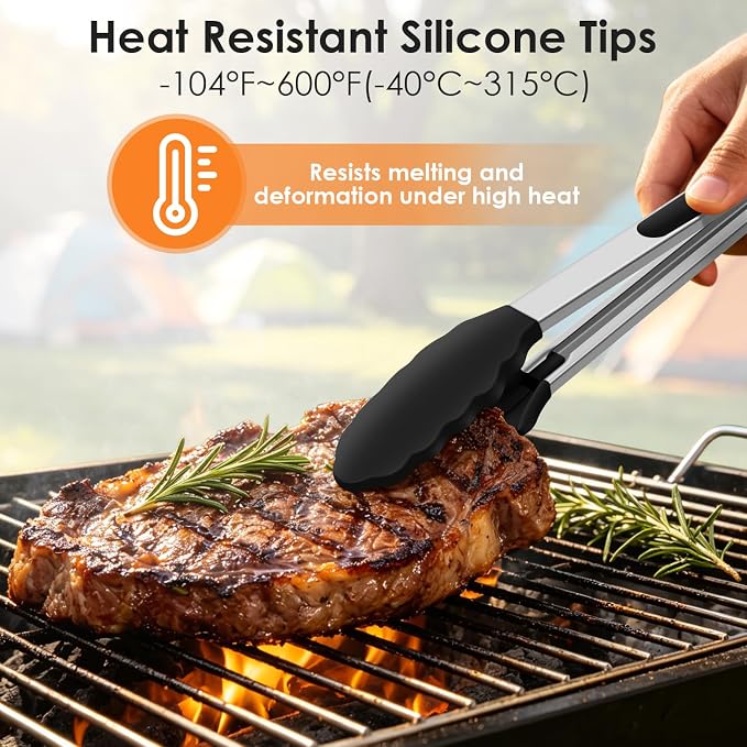HOTEC Silicone Kitchen Tongs Set of 2-9" and 12" Locking Stainless Steel Cooking Tongs with Silicon Tips Non-Scratch Heat Resistant 600°F for BBQ, Grill, Air Fryer & Serving