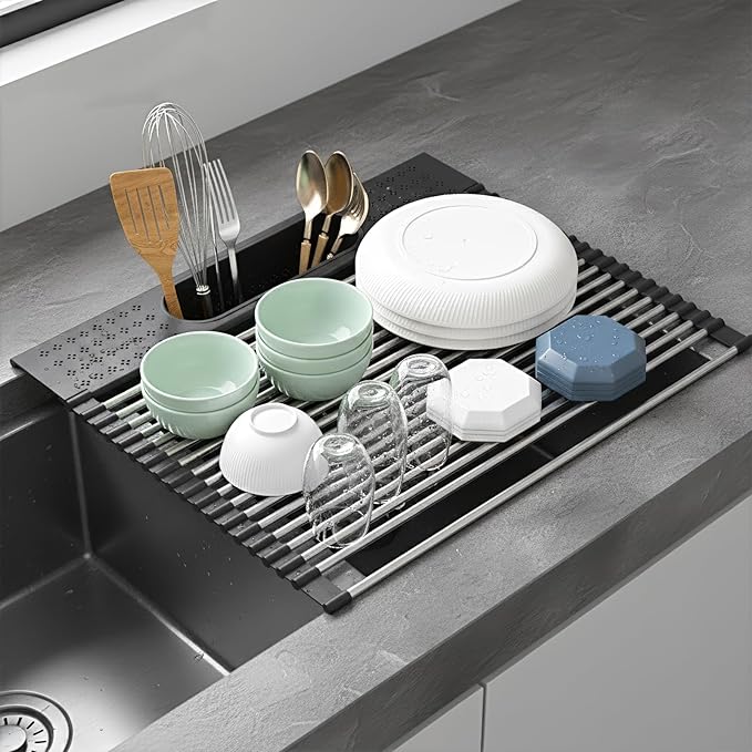 Roll Up Dish Drying Rack Over Sink, 17.5" x 15.2" Foldable SUS304 Stainless Steel Kitchen Dish Drainer, Heat-Resistant Multipurpose Rolling Sink Rack Organizer,Black