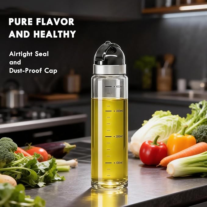 Leakproof Olive Oil Dispenser Bottle with No-Drip Spout - Shatterproof Borosilicate Glass with Dust Cover & Wide Mouth - Heat-Resistant 15oz Oil and Vinegar Cruet for Kitchen, Cooking, Salad Dressing