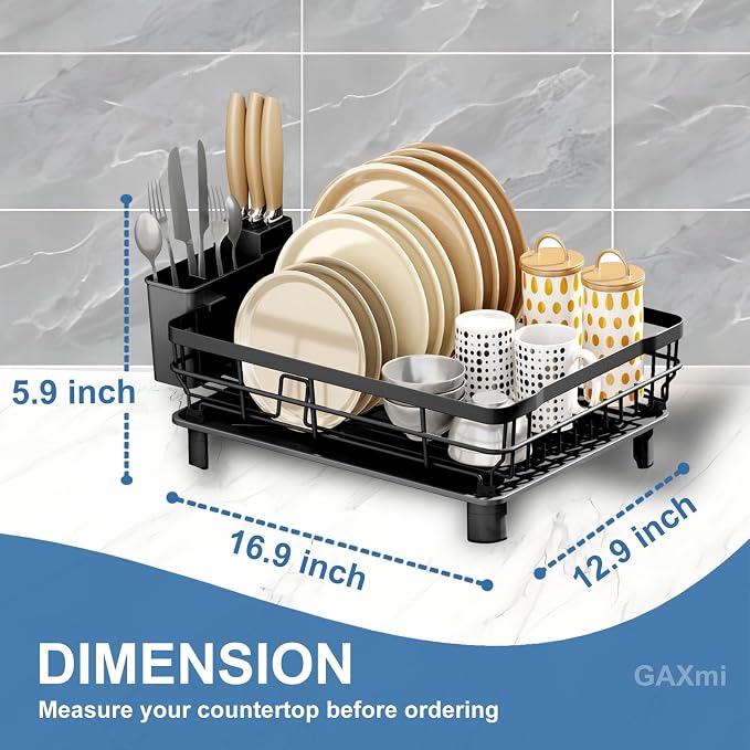 GAXmi Dish Drying Rack with Drainboard for Kitchen Countertop 1-Tier Black | With utensil holder, Over the sink, Quick drainage, Space-saving, Large capacity