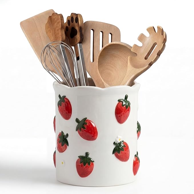 LemonRoad Strawberry Utensil Holder for Kitchen Counter,Ceramic Cooking Utensil Crock Modern Farmhouse Countertop Organizer for Spatula Ladle Kitchen Counter Decor