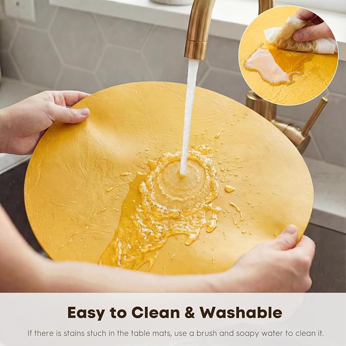 Artoid Mode Yellow Faux Leather Placemats Set of 4, 15 Inch Waterproof Wipeable Heat Resistant Vinyl Place Mats, Reversible Table Mats for Summer Kitchen Dining Decor