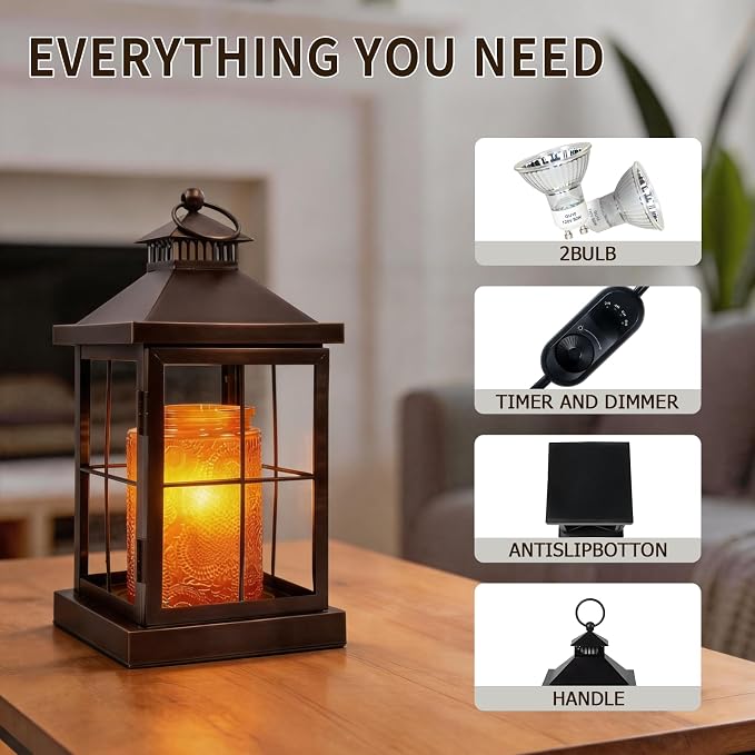 Candle Warmer Lamp with Timer,Compatible with 3 Wick Candles Jars,Vintage Candle Warmer Lantern Lamp,Dimmable Farmhouse Candle Lamp Warmer,Fully Enclosed and Hanging Up Designed-Coffee
