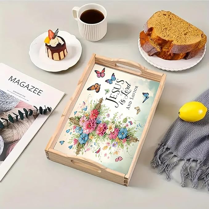 BAYUNOE DIY Diamond Serving Tray Rectangular Breakfast Tray with Handle Handmade Diamond Art Painting Wooden Tray Spring Creative Dinner Plate Coffee Room Living Home Organizer-Flower Cross