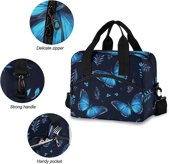 Flying Butterflies Blue Insulated Lunch Bag Reusable Lunch Tote Bag Lunch Box for Women Men Adult Cooler Bag with Adjustable Shoulder Strap Leakproof for Work School Picnic